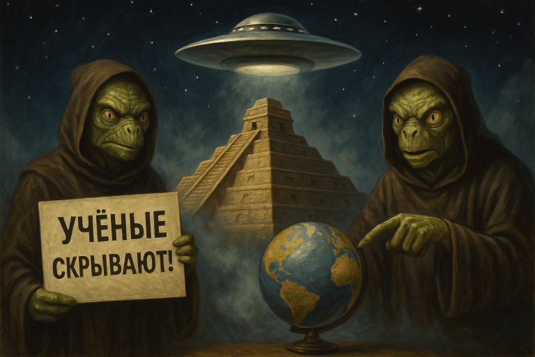 Фейки и псевдонаука: красиво, уверенно, без доказательств Инопланетяне у пирамиды держат табличку «Учёные скрывают!»