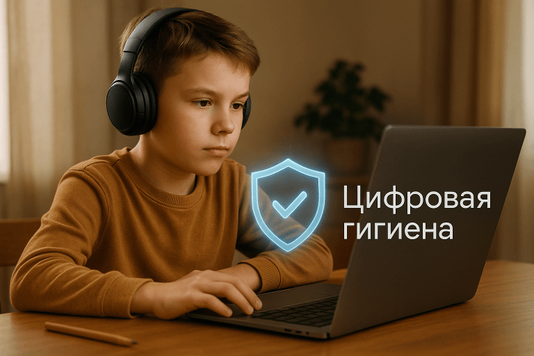 Цифровая гигиена для детей Ребёнок за ноутбуком с иконкой цифрового щита