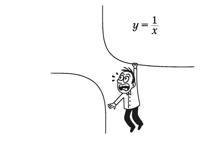 Человек в панике висит на графике функции y = 1/x
