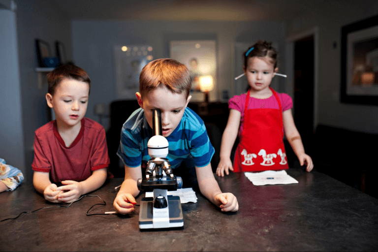 Дети смотрят в микроскоп