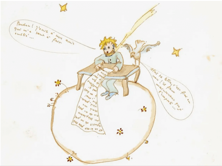 Новый рисунок Экзюпери. Маленький принц пишет письмо Розе